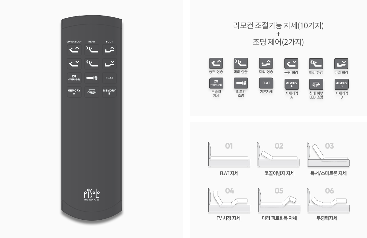 모션베드 전용 리모컨으로 조절가능한 자세 10가지, 조명제어 2가지